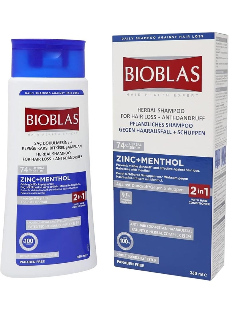 BIOBLAS Zinc & Menthol Hair Shampoo for Anti-Dandruff & Hair Loss Care, Fresh Mint Cleansing Shampoo, Soothing Scalp & Vitamin-Rich Formula, All Hair Types, 360ml - Image 1